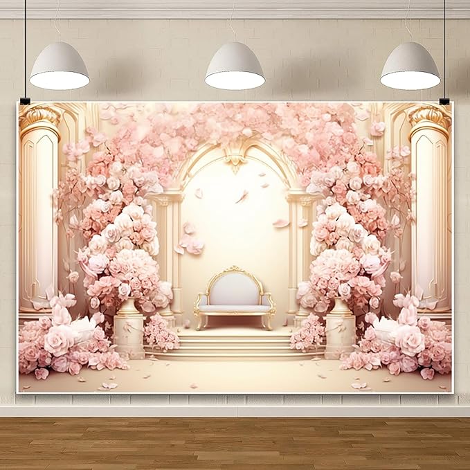 AOFOTO 14x10ft Wedding Backdrop Palace Hall Wall Spring Pink Flower Arch Background for Photography Bridal Shower Valentine's Day Prom Decoration Banner Girl Portrait Photo Booth Backdrop