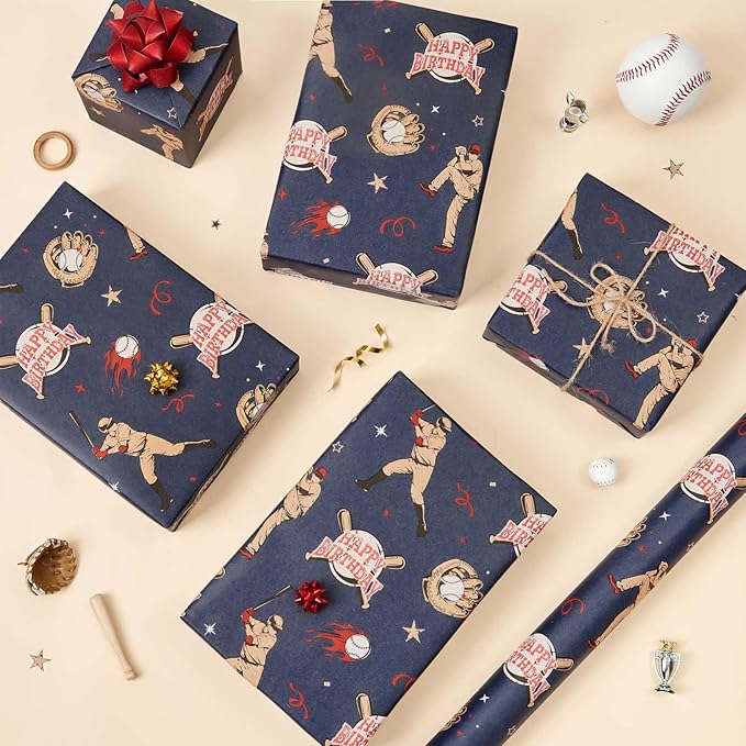 WERNNSAI Baseball Kraft Wrapping Paper - 1 Roll 17”x 16.4ft Sports Birthday Wrapping Paper Blue Gift Wrap for Men Boys Birthday Present Packing Decoration Player Gloves Ball Design