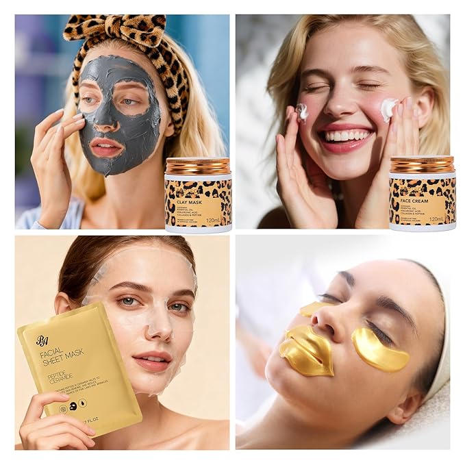 Leopard 32 Pcs Facial Skin Care Set, Spa & Self-Care Gifts, Bath and Body Gifts for Women, Lip Oil, Face Sheet Mask, Bath Oil, Hyaluronic Acid, Birthday, Christmas, Valentines