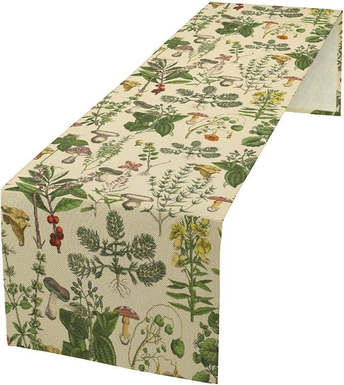 Vintage Botanical Table Runner, Antique 1900s Plants Herbs Mushroom Boho Retro Wildflower Ferns Print Table Runner for Farmhouse Kitchen Indoor Outdoor Decoration, 13x60inch