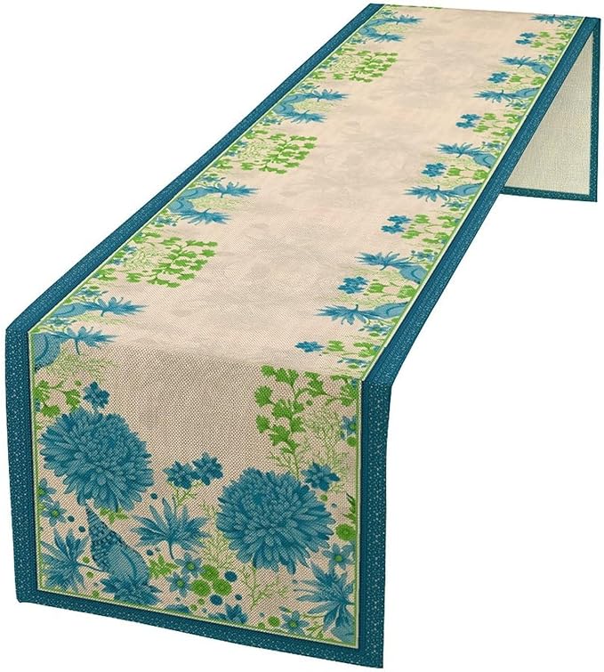Vintage Floral Table Runner, Elegant Blue Flowers Nature Design Table Runner for Kitchen Dining Holiday Party Home Decoration, 13x90 Inch