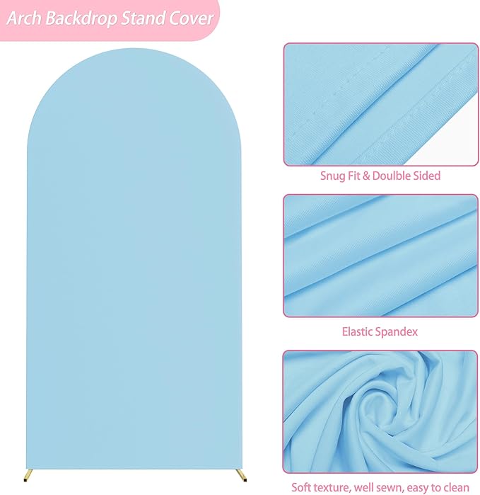 Putros 6.6ft Metal Arch Stand with Cover Dusty Blue Spandex Fitted Wedding Arch Cover and Round Top Chiara Backdrop Stand Set for Birthday Party Baby Shower Decoration