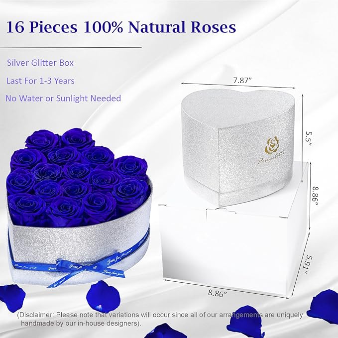 Flowers for Delivery, 16 Blue Forever Roses Heart Shape Box - Preserved Rose Gift for Her, Preserved Flower for Mothers Day, Father's Day Just Because