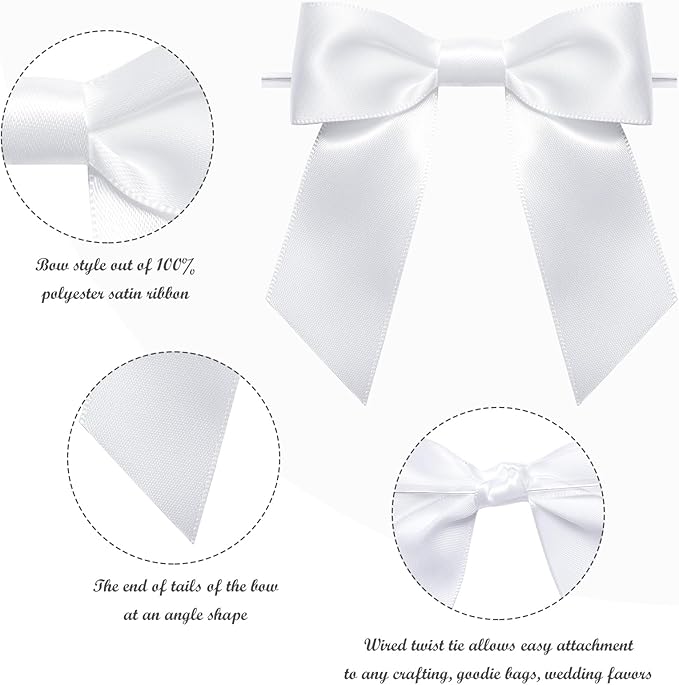 WRAPAHOLIC 30 Pcs 3" White Satin Ribbon Bows with Twist Tie - Pretied Premade Craft Bows for Christmas Party Crafts Treat Bags Gift Wrapping Wedding Birthday Baby Shower