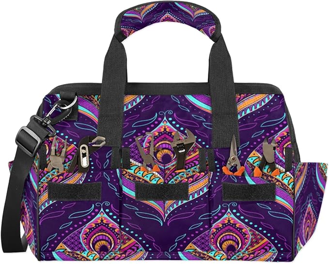 Purple Paisley Tool Bag for Men Women Multi-Pockets Wide Mouth Tool Storage Bags 14.8 Inch Waterproof Heavy Duty Tool Bag Organizer for Electrician Mechanic Plumbers Handymen