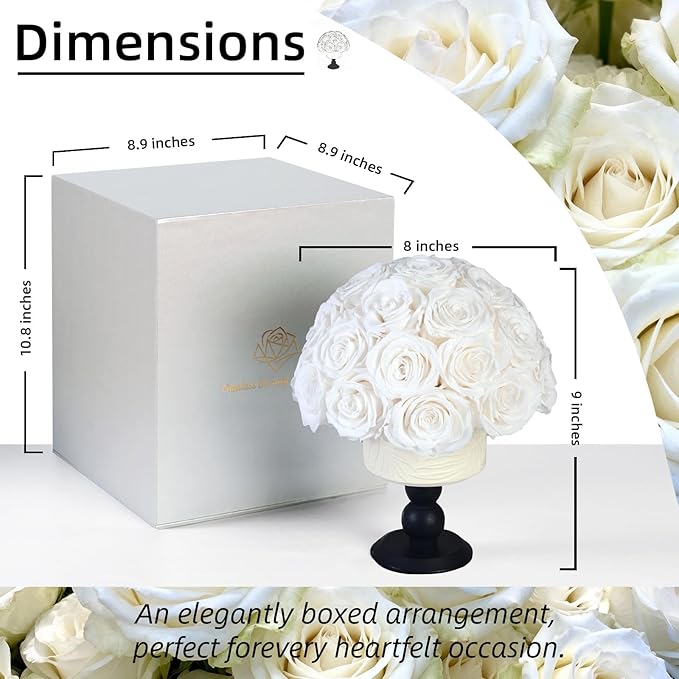Luxury Preserved Flowers Blooms with Ceramic Base, Mushroom Shape Forever Eternal Natural Rose Gift Box for Home Table Decoration, Girlfriend Wife family Valentines Mothers Day Birthday (White)
