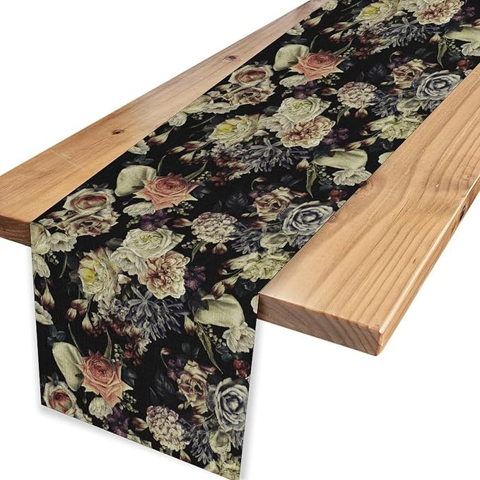 Gothic Floral Table Runner, Vintage White Blue Floral Boho Flower Garden Botanical Spring Seasonal Print Table Center Decor for Family Kitchen Table Decorations Indoor Outdoor 13x72 inch