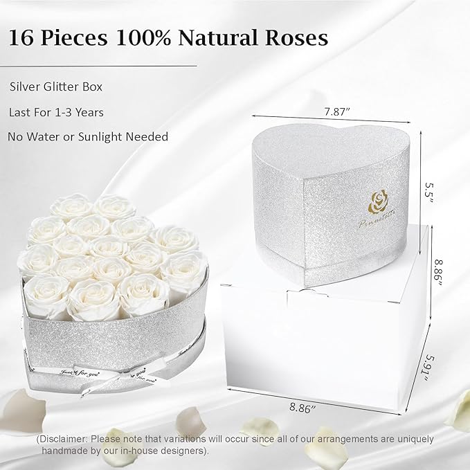 Forever Flowers for Delivery, 16 White Preserved Rose in Heart Shaped Box, Eteranl Rose on Anniversary Birthday Gifts for Women, Mother, Wife, Girlfriend，Christmas Day Gifts for Mom