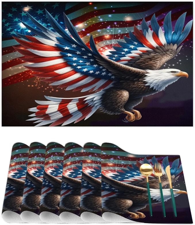 Independence Day Bald Eagles Flag Placemats Set of 1 PVC Vinyl Non Slip Table Mats Waterproof Heat Resistant Place Mats Washable Wipeable Dining Table Mat for Kitchen Party Indoor Outdoor Decorative
