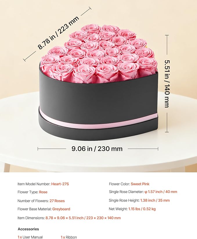 VEVOR Forever Flowers, 27 Preserved Roses in a Heart Shape Box, Eternal Flowers Immortal Bouquet Birthday Present for Women Her Wife Mothers, Anniversary, Valentine's Day,Christmas, Pink