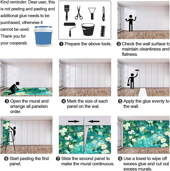 Jasmine Blossom Wall Mural, Elegant Floral Landscape 3D Wall Murals, Nature Turquoise Botanical Wallpaper Mural, for Living Room Bedroom Large Wallpaper Indoor Decor 177.16" W x120 H