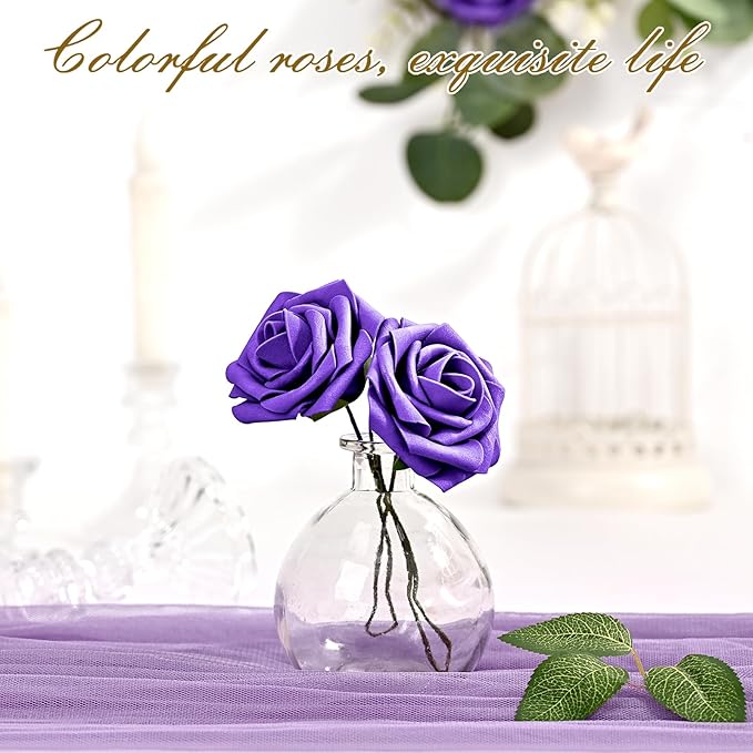 BLEUM CADE 36Pcs Artificial Flowers Fake Roses with Stems, Deep Purple Boxed Foam Roses for DIY Bouquets Centerpieces Wedding Party Arrangement Bridal Shower Decor