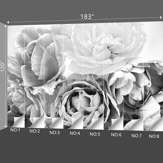 Grey Peony Floral Wallpaper Bedroom Black and White Flowers murals Aesthetic Room Decor Living Room tv Background Large Wall Mural - 183"x120" Not Peel and Stick
