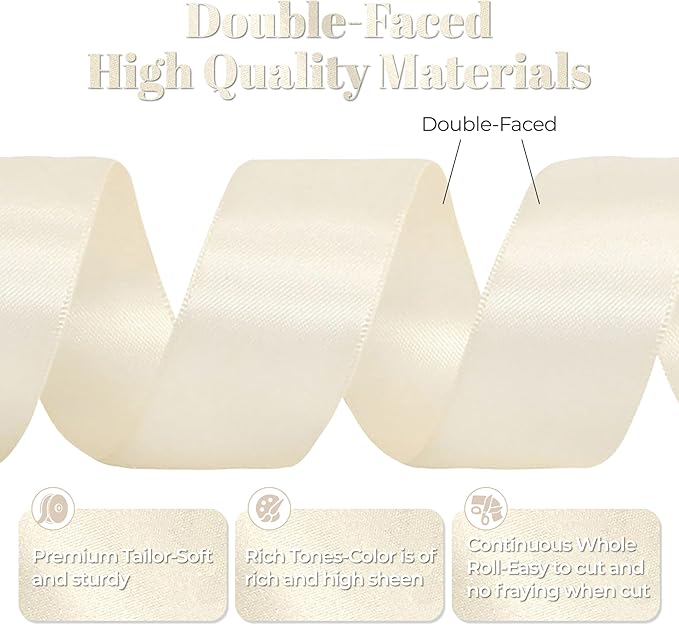 Cream Satin Ribbon, Double Faced 1-1/2 Inch X 50 Yards Cream Ribbon, Premium Satin Ribbon for Gift Wrapping, Crafts, Hair Bow Making, Sewing, Flower Bouquet, Wedding Party Decor