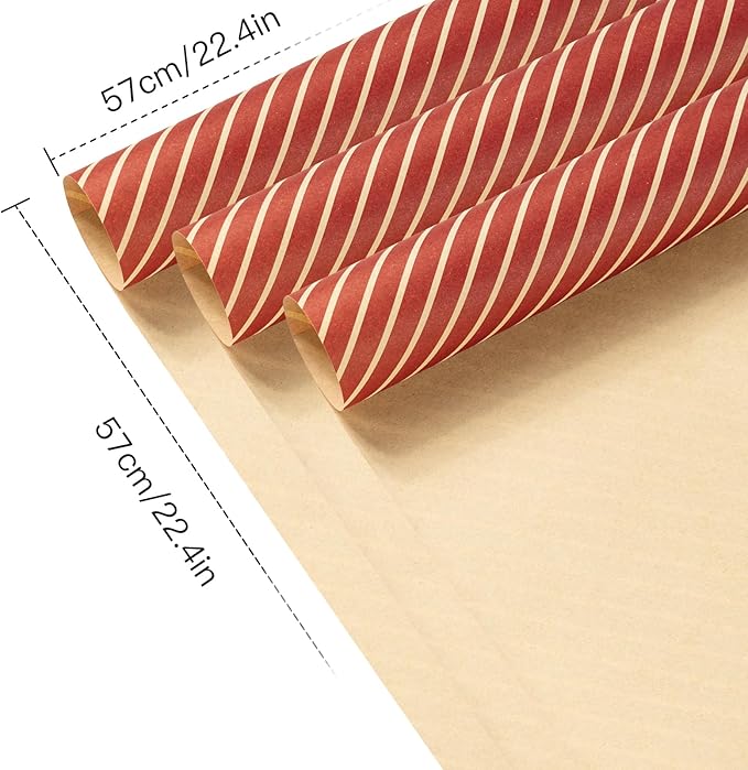 LeZakaa 20 Sheets Kraft Stripe Flower Wrapping Paper, Red Diagonal Stripes Floral Bouquet Paper for Christmas, Valentines, Mothers Day, Party, Birthday, Wedding, Baby Shower