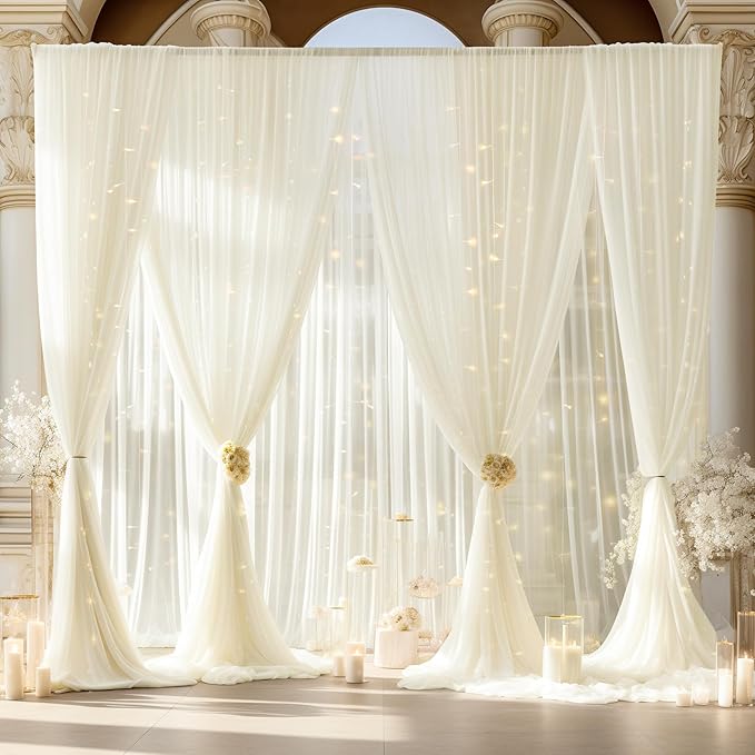 20ft x 10ft Ivory Backdrop Curtain with Lights String for Parties, Sheer Tulle Wedding Photo Backdrops Drapes for Baby Shower Birthday Party Decorations Background for Photography