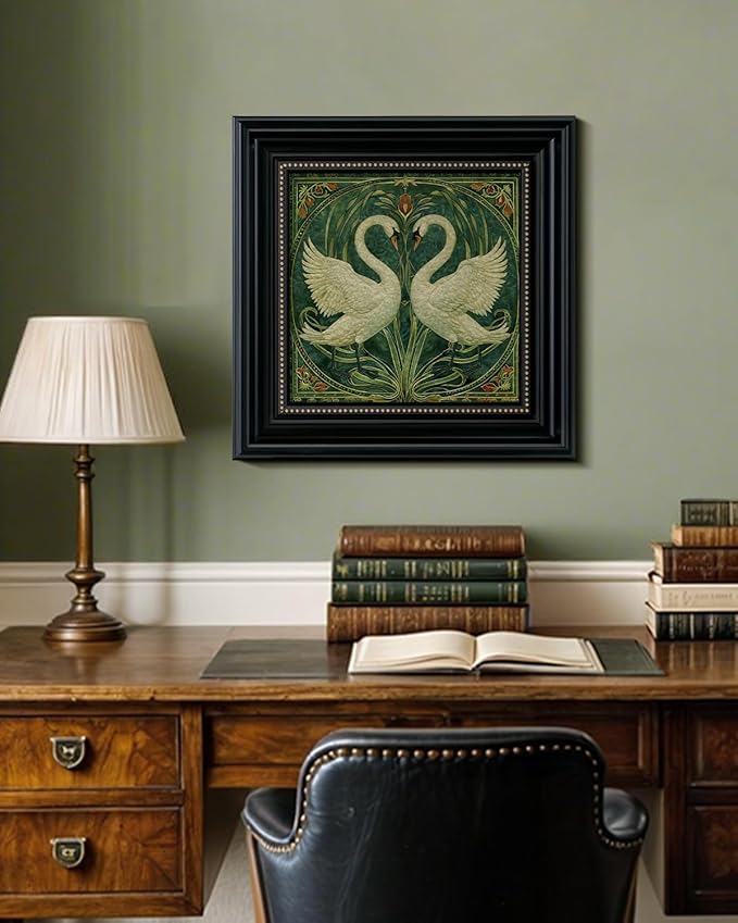 Vintage 3D Textured Romantic Swan Couple Wall Art 16x16, Victorian Framed Swan Art Painting Sandstone Surface, Classic Black Frame with Gold Dots, Art Nouveau Animal Print Shop Home Decor