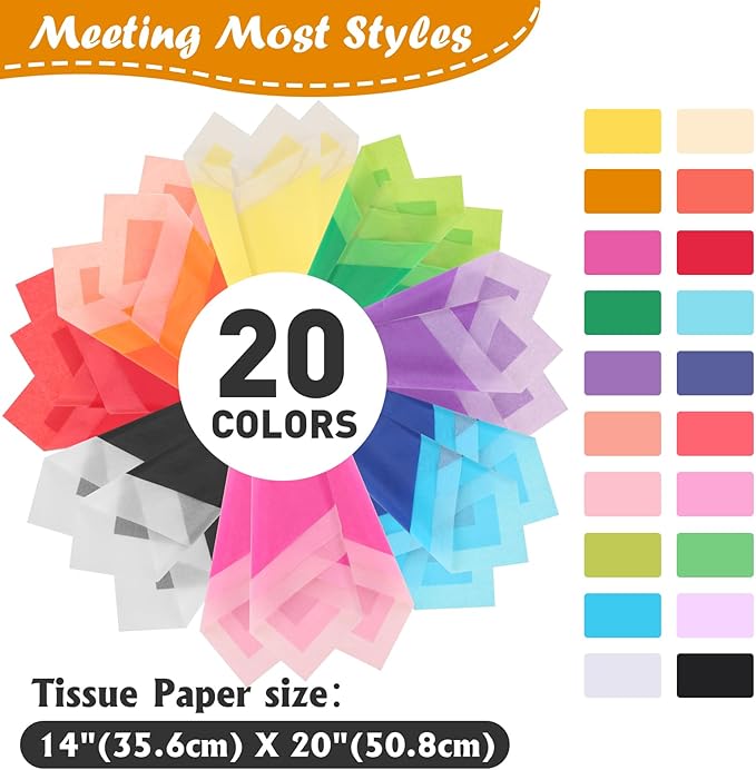 1000 PCS Tissue Paper, 20 Colors 14" X 20" Tissue Papers Bulk for Packaging, Colored Tissue Paper for Gift Bags Crafts Birthday Party Flower Decoration