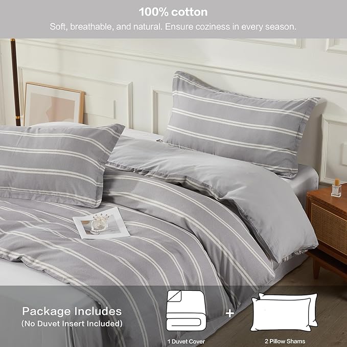 SAPHREAS Boy Gray Stripes Duvet Cover Set Full Size 3pcs Dark Grey Streak Bedding Comforter Cover Set 1 Duvet Cover 2 Pillow Sham