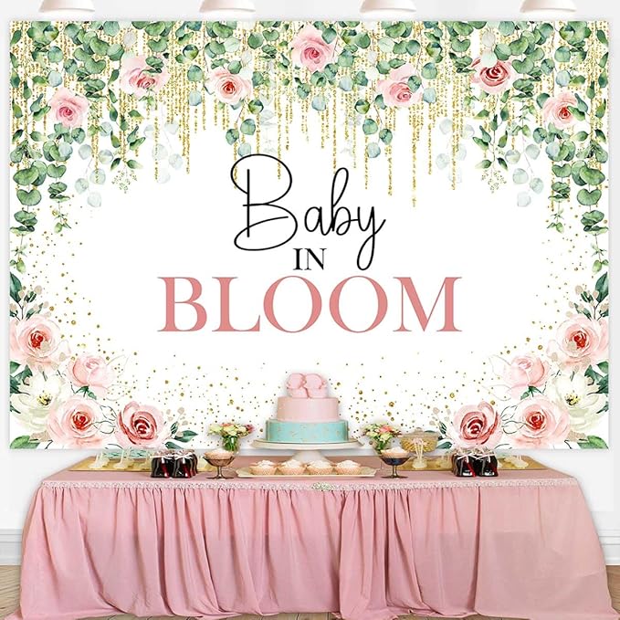 Sensfun Baby in Bloom Backdrop Green Leaves Pink Flowers Baby Shower Party Decorations Girls Greenery Floral Baby in Bloom Banner Gold Glitter Dots Photography Background Cake Table Supplies 6x4ft
