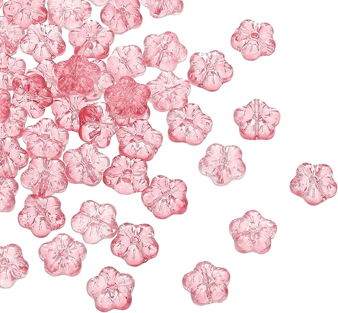 PATIKIL Random Glass Flower Beads, 50Pack Transparent Floral Beads Hibiscus Beads for DIY Jewelry Making Bracelets Bulk, Pink
