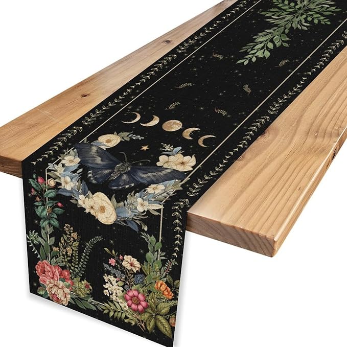 Gothic Moth Table Runner, Boho Vintage Floral Gothic Sun Moon Phase Mystical Witchy Farmhouse Coffee Table Center Decor for Home Kitchen Dining Patio Holiday Party Table Decorations 13x36 inches