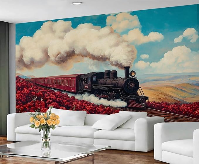 Vintage Train Wall Mural, Steam Engine Landscape 3D Wall Murals, Train Through Flower Field Wallpaper Mural, for Living Room Bedroom Large Wallpaper Indoor Decor 137.8" W x100 H
