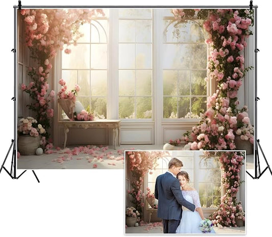 7x5ft Bridal Floral Backdrop for Wedding Pink Rose Window Scenery Green Leaves Elegant Photography Background for Valentine's Day Bridal Shower Birthday Spring Party Women Girls Portraits