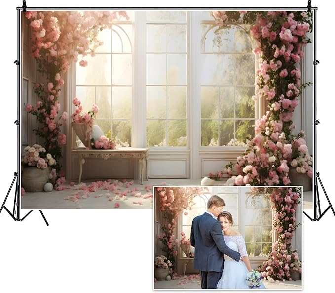 6x4ft Bridal Floral Backdrop for Wedding Pink Rose Window Scenery Green Leaves Elegant Photography Background for Valentine's Day Bridal Shower Birthday Spring Party Women Girls Portraits