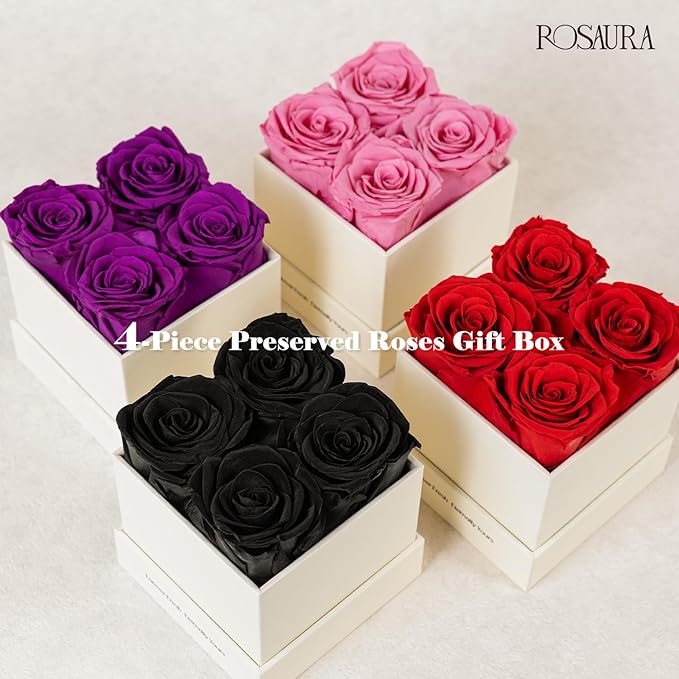 Rosaura 4-Piece Eternal Preserved Roses & Flowers Gift Box - Forever Lasting Real Roses, Preserved Flowers for Valentine's Day Black