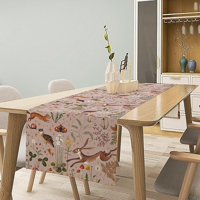 Rustic Forest Table Runner, Farmhouse Pink Woodland Hare Squirrel Owl Flowers Mushroom Print Table Runner for Holiday Kitchen Dinning Table Indoor Outdoor Home Party, 13x120inch