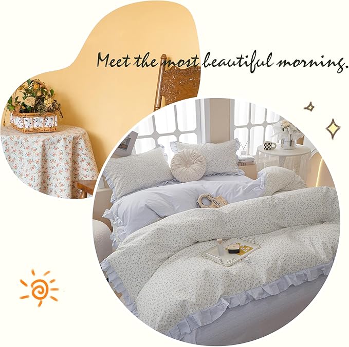 Ruffle Floral Duvet Cover Full Chic Vintage Blue Flower Duvet Cover Girls Romantic Lace Comforter Cover Cotton Floral Botanical Bedding Cover Cottagecore Flower Comforter Cover with 2 Pillowcases