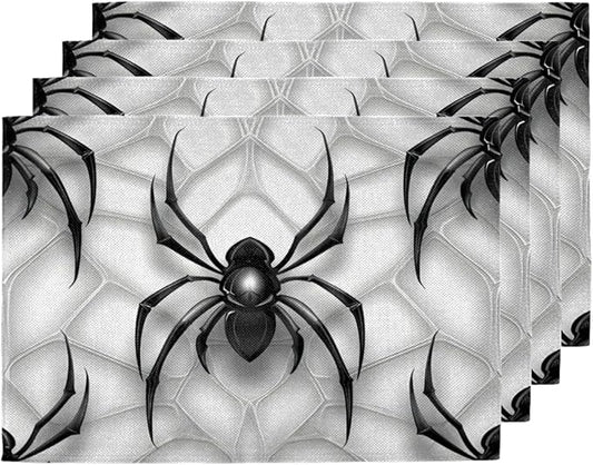 Black Spiders Placemats, Place Mats Set of 4, Heat Resistant Place Mats, Washable Table Mats for Dining Table, Non-Slip Stain Resistant Kitchen Table Placemats, Spiders Web