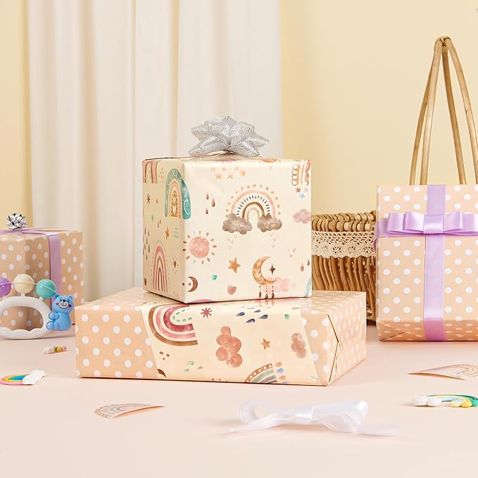 WERNNSAI Rainbow Wrapping Paper Roll - 1 Roll 17” x 33 ft Boho Baby Shower Wrapping Paper Yellow New Baby Girl Gift Packing for Kids Birthday Party Favor Reversible Polka Dot Design