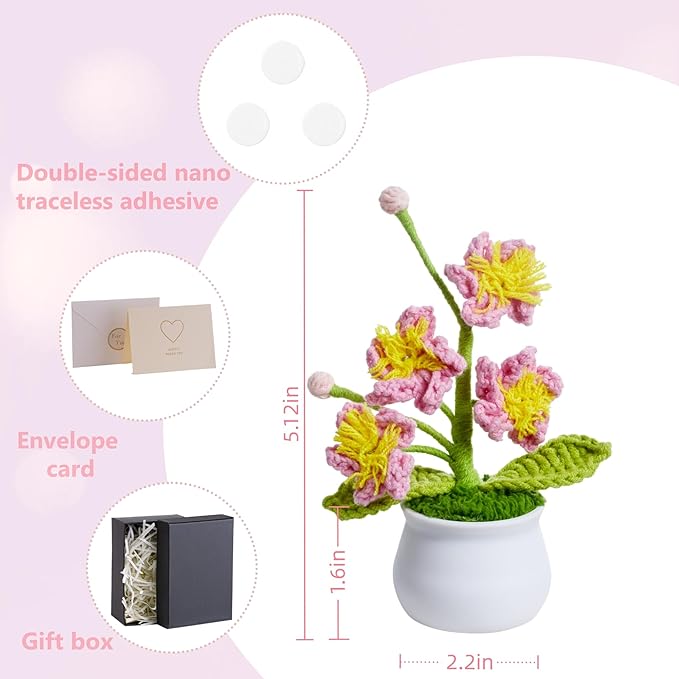 Handmade Pink Crochet Flowers Cute Potted Flower Plants, Gifts for Women, Birthday, Teacher, Anniversary, Valentines, Christmas, Decor for Dashboard,Home Room Office Decoration(Cherry Blossom)