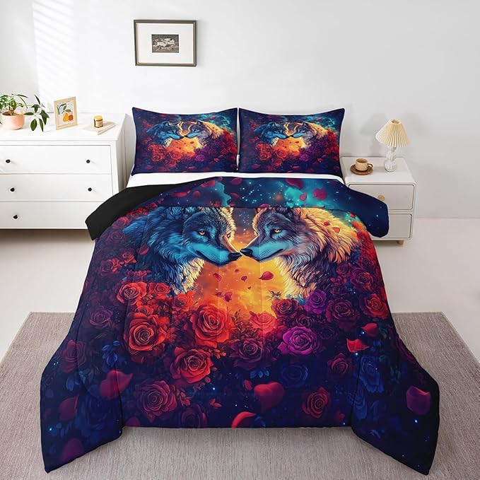 Wolf Comforter Set Twin Size,Wild Animal Print Couple Theme Reversible Bedding Set for Kids Boys Men,Romantic Red Rose Flowers Watercolor Galaxy Quilted Duvet Set with 1 Pillowcase