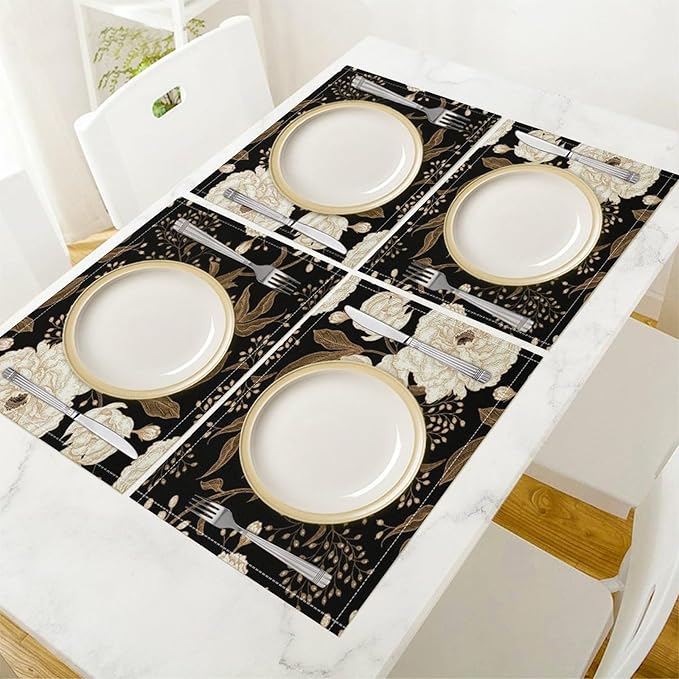 Black Gold Floral Placemats Set of 4, 17x12 Inch Abstract Vintage Rustic Flower Botanical Aesthetic Art Print Table Mats for Home Party Kitchen Dining Decor