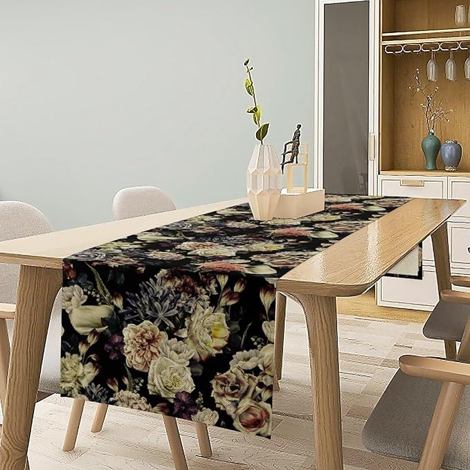 Vintage Flowers Table Runner,Black Rose Peony Gothic Floral Spring Summer Seasonal Table Runner for Home Kitchen Table Dining Indoor Outdoor Party Decor 13x36 Inch