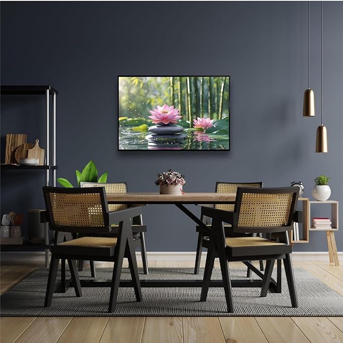 Ethereal pink lotus on obsidian Sunlit bamboo forest with sparkling water drops Poetic nature inspired wall art for tranquil homes and mindful spaces 16x24in Metal blackFramed
