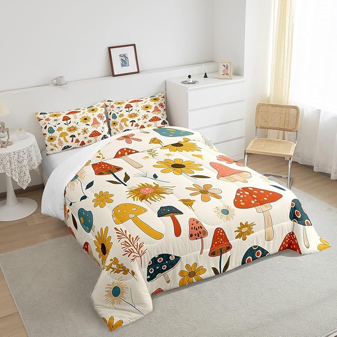 Castle Fairy Retro Mushroom Flowers Bedding Set King Size,70s 60s Groovy Comforter Set Room Decor for Couple,Vintage Boho Plant Floral Microfiber Down Comforter,2 Pillowcases