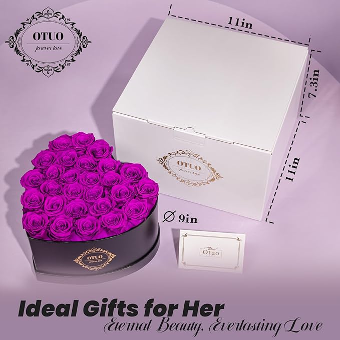 27 Preserved Roses in Heart-Shaped Box, Flowers for Delivery Prime Last up 2 Years, Real Forever Flowers for Wife, Girlfriend, Mother, Eternal Roses for Anniversary - Purple