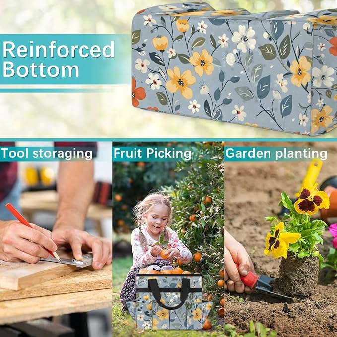 Garden Tool Bag Organizer Garden Tote Bag with Pockets Print Pattern Floral Tool Storage Organizer Gardening Tool Kit Holder 13" x 6.8" x 2.8"
