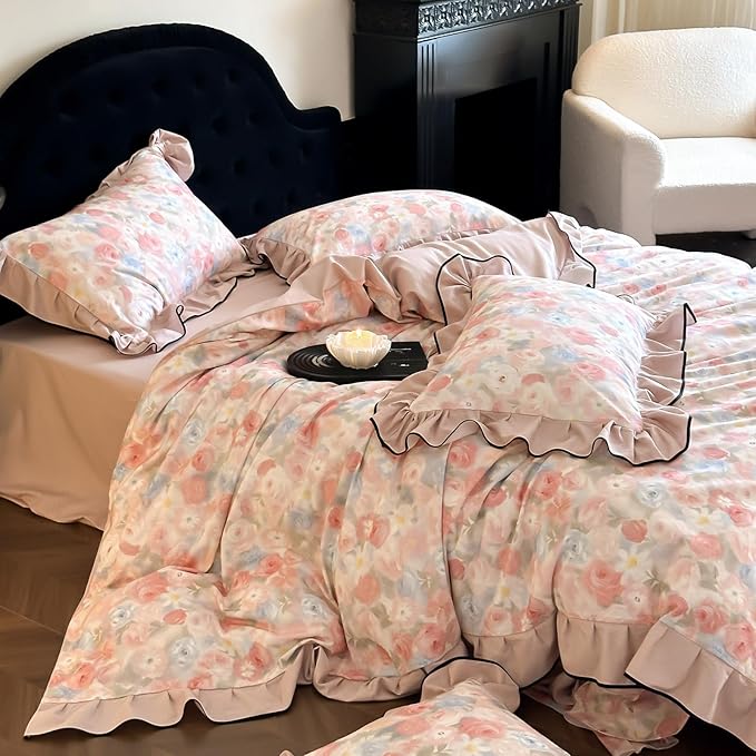 HighBuy Girl French Ruffle Duvet Cover Full Size,Coquette Ruffle Bedding Brushed Cotton Pink Rose Floral Comforter Cover Set for College,Farmhouse Chic Bedding Set Breathable