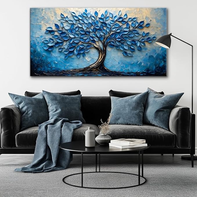 LAVIKARS Modern Tree of Life Wall Art for Living Room Office Navy Blue Abstract Oil Landscape Canvas Painting Prints Large Nature Artwork Home Kitchen Bedroom Decor (20x40 Inches)