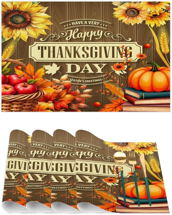 Thanksgiving Holiday Pumpkins Fall Placemats Set of 6 PVC Vinyl Non Slip Table Mats Heat Resistant Place Mats Washable Wipeable Dining Table Mat for Kitchen Decor Party Indoor Outdoor Decorative Gift