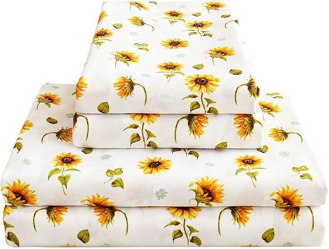 Softan Floral Sheet Set Queen, Sunflower Printed Bed Sheets Queen, Cozy Double Brushed Microfiber Fitted Sheet with 15" Deep Pocket and Corner Straps, Cute Yellow Flower Sheet & Pillowcase Sets