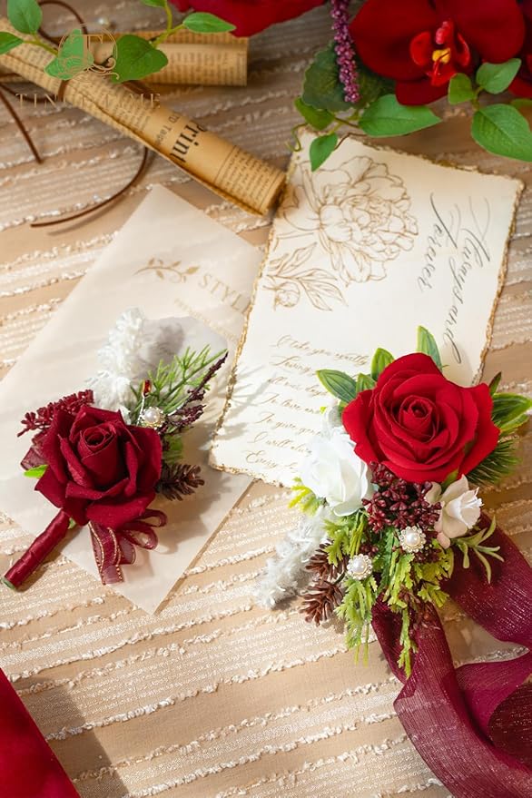 TINGE TIME Red Corsage and Boutonniere Set, Prom Flower Wrist Corsage Bracelets, Boutonniere for Men Wedding Flowers Accessories Prom Suit Decorations