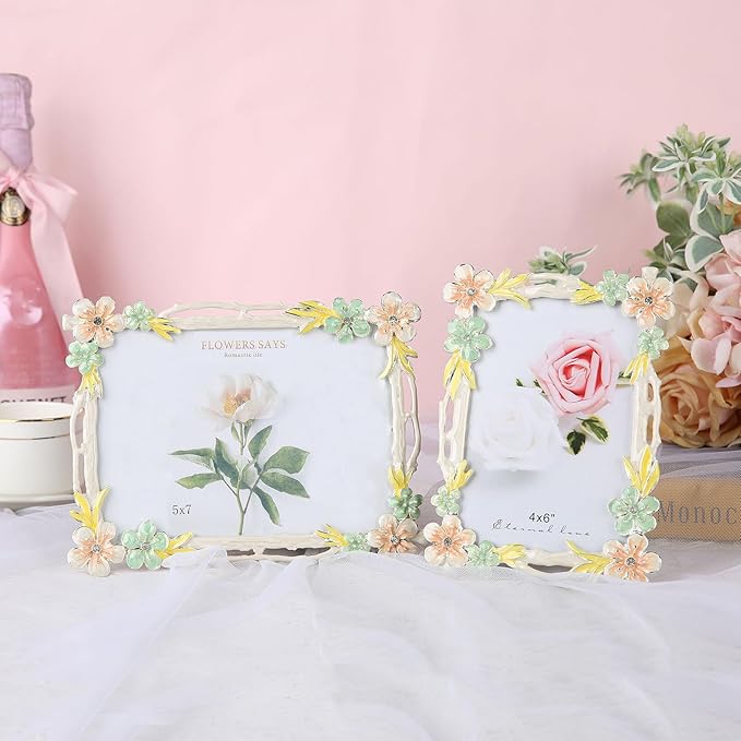 4x6 Picture Frame Enamel Floral Design Metal Photo Frame with HD Glass, Tabletop or Wall Home Art Decoration, Creative Gifts Ideas for Flower Lovers, Horizontall & Verticall