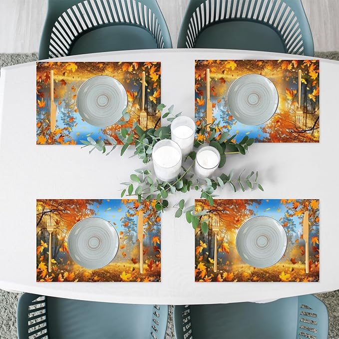Forest Tree Fall Leaf Placemats Set of 4 PVC Vinyl Non Slip Table Mats Heat Resistant Place Mats Washable Wipeable Dining Table Mat for Kitchen Decor Party Indoor Outdoor Decorative Gift