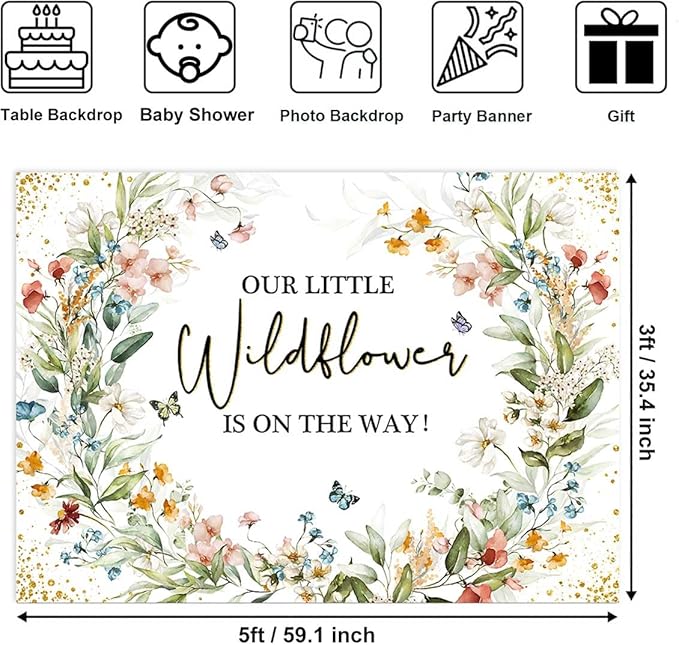 Sensfun Wildflower Baby Shower Backdrop Our Little Wildflower is On The Way Baby Shower Decorations Floral She is A Sweet Girl Party Banner Photography Background Photo Booth 5x3ft
